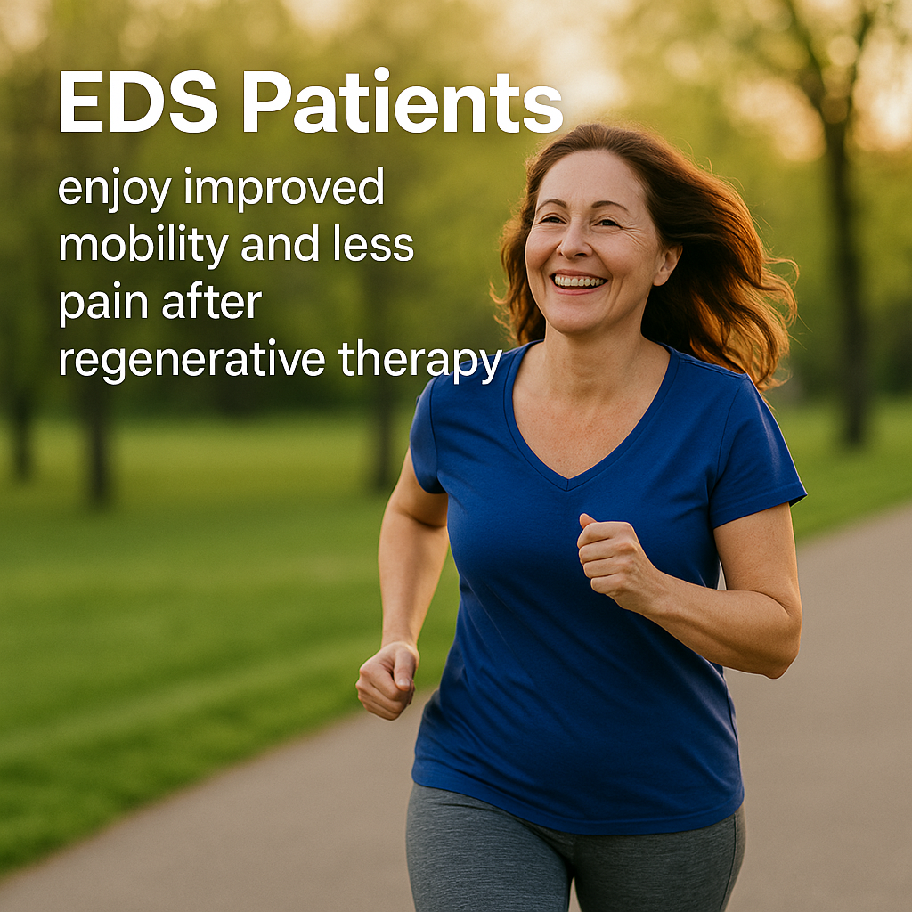 A smiling middle-aged woman jogs along a park path at sunset, wearing a royal blue shirt and gray leggings. The background features soft green trees and warm golden light. Overlaid text reads: “EDS Patients enjoy improved mobility and less pain after regenerative therapy.”