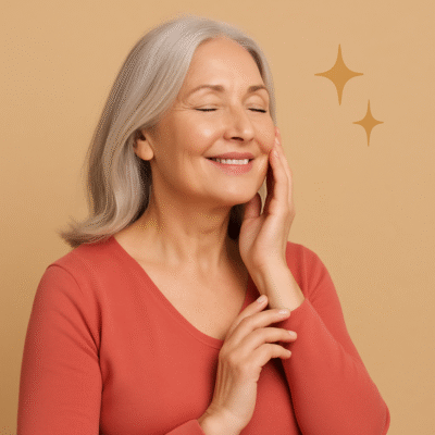 Confident Middle-Aged Woman Admiring Her Skin After PRP Facial