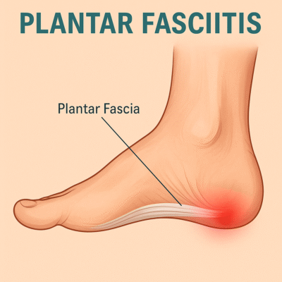 Medical illustration of a human foot showing plantar fasciitis. The plantar fascia is labeled and highlighted in white along the sole, with a red inflamed area near the heel to indicate pain and irritation.