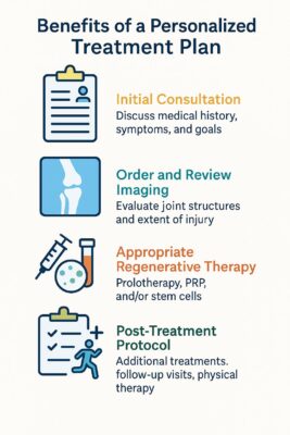 Infographic titled 'Benefits of a Personalized Treatment Plan' with four illustrated steps: (1) Initial Consultation – Discuss medical history, symptoms, and goals (clipboard icon); (2) Order and Review Imaging – Evaluate joint structures and extent of injury (bone X-ray icon); (3) Appropriate Regenerative Therapy – Prolotherapy, PRP, and/or stem cells (syringe and vial icon); (4) Post-Treatment Protocol – Additional treatments, follow-up visits, physical therapy (checklist and walking figure icon).